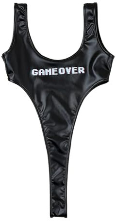 Kaerm Lack Leder Body Damen Sexy Ärmellos Stringbody High Cut Badeanzug Tief U-Ausschnitt Catsuit Nylon Dessous Mit Buchstaben Print Schwarz Einheitsgröße