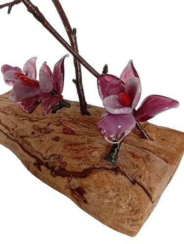 Generico Scultura Legno con Fiori di Orchidea in Vetro di Murano, Decorazione Artistica Floreale Fatta a Mano