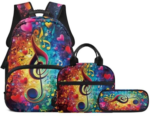 WHUVUMFY School Backpack for Teens Girls Boys, Music Notes 3 In 1 Bookbag for Elementary Middle School with Lunch Box Pencil Case