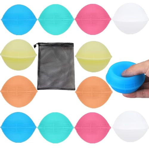 Wasserbomben Wiederverwendbar Auslaufsichere Wasserballons Sicherer Nicht Magnet Schnelles Füllen einer Sekunde Wasserspielzeug für Kinder Erwachsene Sommer Spiel 12 Stück Wasserball mit Mesh Bag