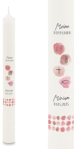 GRAVURZEILE Bedruckte Stabkerze - Watercolor - Personalisiert mit Name & Datum - Geschenk zur Taufe, Kommunion oder Konfirmation - Für Jungen & Mädchen - Altarkerze 400/40 mm - Rosa