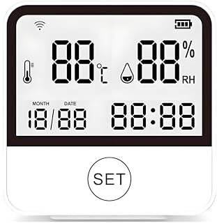 Lancoon WiFi Thermometer Hygrometer with LCD Clock Wireless Temperature Sensor for Bedroom Kitchen Baby Room Battery Operated Easy Placement ABS Housing