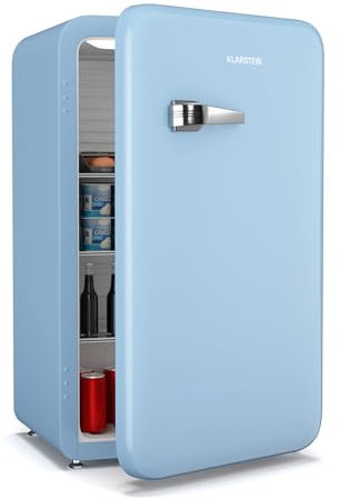 Klarstein Audrey Evo 90L Mininevera Retro - Silenciosa 40 dB, Termostato Ajustable, Puerta Reversible, Nevera Pequeña para Habitaciones, Oficinas, Azul