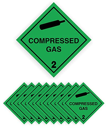 Compressed Gas Class 2 Warning Signs, 100mm x 100mm, Self-Adhesive Vinyl Labels, Pack of 10 Stickers
