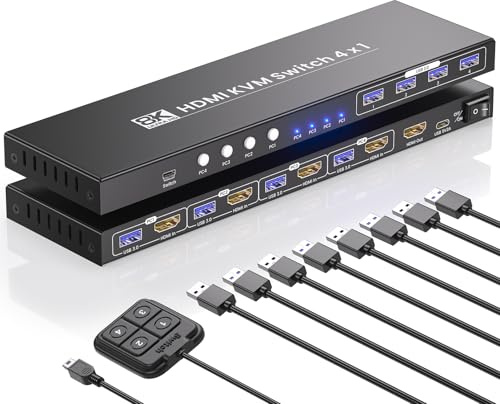 4 Port HDMI KVM Switch 1 Monitor 4 Computers, 8K60Hz 4K120Hz USB 3.0 KVM Switch, Control 4 PCs with 1 Monitor, Keyboard and Mouse