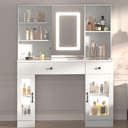JOLLYTOP Schminktisch Mit LED Spiegel, Steckdosen & Stauraum, Kosmetiktisch Mit 3-Farben Beleuchtung, 2 Schubladen & 2 Schränken Für Schlafzimmer, Weiß