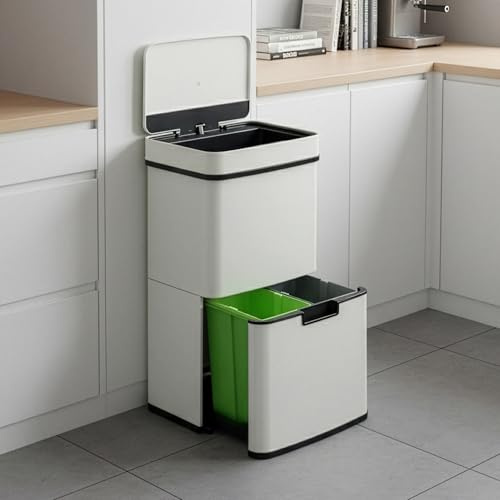 [en.casa] Sensor Mülleimer Venna Küche Mülltrennsystem 3 Fächer 72 L Abfalleimer Edelstahl mit Deckel 83 x 42 x 32 cm Beige
