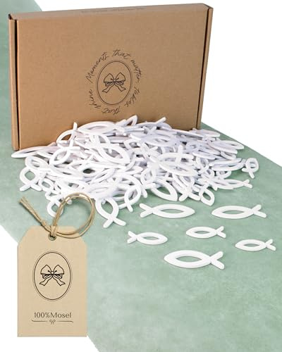 100% Mosel Streudeko Fische, 150 Stück, in Weiß – Tischkonfetti aus Holz | Für Taufe, Kommunion und Konfirmation – 2 Größen im Set – für DIY Dekoration zu Familienfeiern