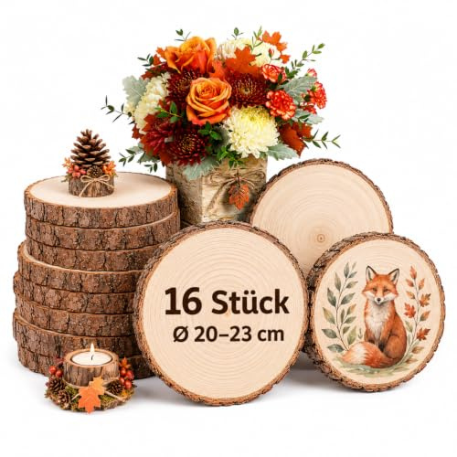 Truevaste 16er Holzscheiben Ø20–23cm Durchmesser,2 cm dick,Kiefer mit Rinde | Unbehandeltes Kiefernholz, Baumscheiben zum Basteln, Bemalen & Gravieren für DIY, Tischdeko, Hochzeitsdeko & Weihnachtsdeko