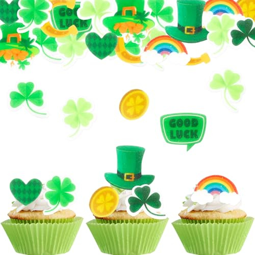 Gleevio 75 Stück Glücksklee Tortendeko Essbar,St. Patrick's Day Deko Torte Essbar,Glücksklee Cupcake Topper,Esspapier Tortendeko, Vierblättriges Kleeblatt Muffin Deko,Kuchendeko für St. Patrick's Day