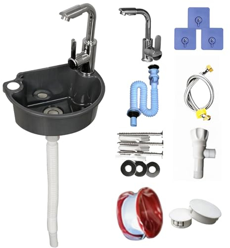 Lavabo de Pared de Plástico con Grifo Mezclador, Kit Completo con Tubo de Desagüe y Mangueras Lavamanos Compacto para Baño Jardín y Camping (Gris)