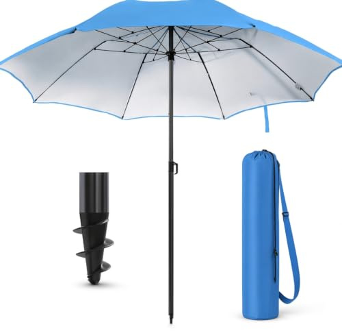 Menz Sonnenschirm Strand, Fb. Blau - Funktionaler Strandschirm Ø 180 cm, UPF 80+ Sonnenschutz für Strand und Balkon, Strandschirm windfest stabil, knickbarer Sonnenschirm mit Schutzhülle