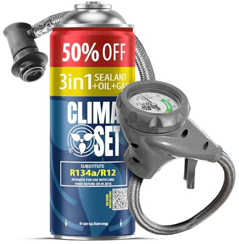 CLIMASET - Kit Recharge Clim Voiture 3en1 R134a + Tuyau - pour Véhicules 1994-2016, Tuyau Moderne Facile à Utiliser, Manomètre
