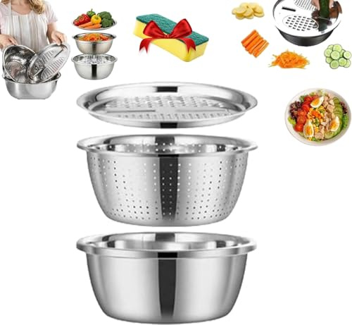 Fast Prep Slicer Bowl, 3 in 1 Multipurpose Drain Basket Grater Basin Bowl, Germany Multifunctional Stainless Steel Basin Strainer, Perfect for Easy Salad Prep, Veggie Washing & Food Storage (26CM)