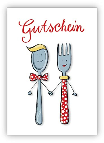 Kartenkaufrausch 4 Grußkarten Liebevoller Gutschein zum Essen mit Herrn und Frau Löffel und Gabel • schöne Grußkarten Set mit Umschlägen, hochwertig und schön