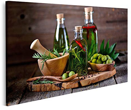 islandburner Bild auf Leinwand Oliven Öl Und Flaschen Oliven Kräuter Vor Dunkelem Hintergrund Bilder Wandbilder Poster