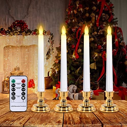 cimetech LED Stabkerzen Fernbedienung Spitzkerzen Flammenlose Fensterkerzen Outdoor Dimmbar 4 Stück Kerzenhalter für für Weihnachtsdeko, Kirchen, Tische, Hochzeiten Geburtstagsfeier
