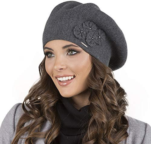 VIVISENCE Baskenmütze Damen Elegant Blume Warm Herbst Winter Accessoire 7006, Dunkelgrau,Einheitsgröße
