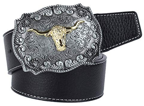 Inzopo Herren Western Cowboy Leder Gürtel Bund Arabeske Kuhkopf Schnalle - Schwarz, Schwarz , One size