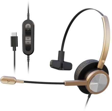 One Ear USB-C Headset for Office Telework Work from Home- Wired USB Type C Headphone for Computer, Laptop, Optimized for Dragon Dictation, Skype,Teams,Zoom,Webex,Ringcentral Conference Softphones