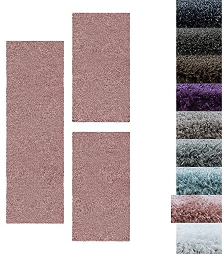 SIMPEX Bettumrandung Schlafzimmer 3teilig Shaggy Hochflor Teppich Rose Bettset: 2 mal 80x150 + 1 mal 80x250 - Schlafzimmer Teppich 3 Teilig Läufer Extra Weich Flauschig Bettvorleger Läuferset Halı