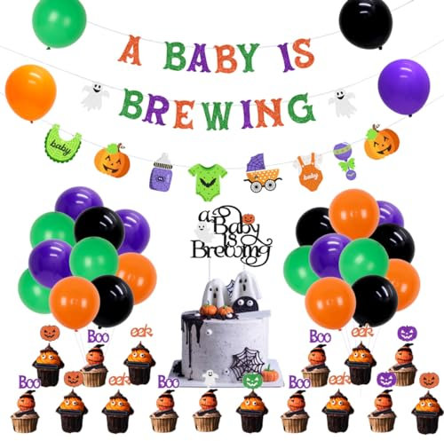 Kreatwow Halloween Baby Shower Decorations, A Baby Is Brewing Banner Glitter with Ghost Sign for Girl Boy, Halloween Theme Garland with Cake and Cupcake Topper Set A Baby is Brewing Baby Shower Decor