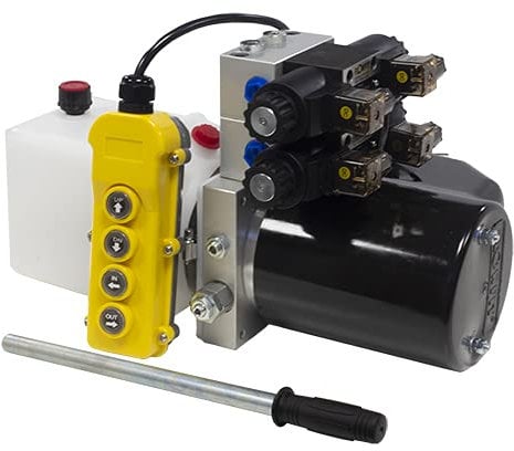 Flowfit 24V DC de doble acción, paquete de energía hidráulica de solenoide doble con tanque de 2.5L y tanque de bomba de mano de respaldo ZZ016235