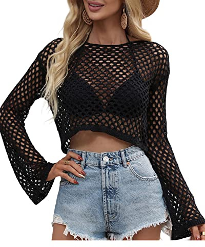 Trendiges Langarm-Netz-Oberteil für Damen, Netzstoff, Netz, hohl, gehäkelt, Glockenärmel, durchsichtig, Badeanzug, Bikini-Abdeckung, A-schwarz, L