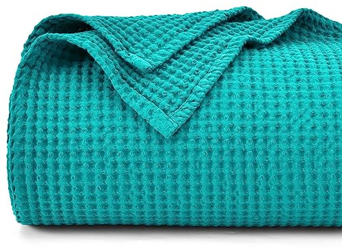 PHF Decke aus 100 % Baumwolle, Waffeldecke, 220x240 cm, vorgewaschene, weiche, leichte, atmungsaktive Decke für alle Jahreszeiten, perfekte Decke für Couch, elegante Heimdekoration, Queen-Size-Grün