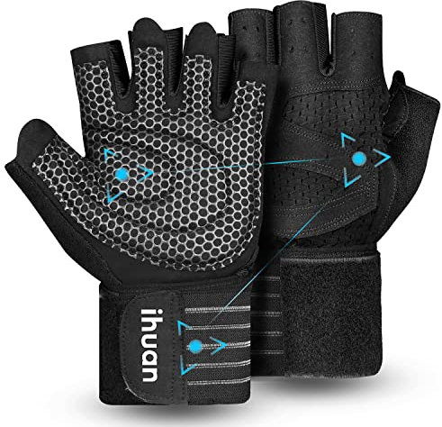ihuan Belüftete Fitness Handschuhe mit Handgelenkband-Unterstützung für Herren und Frauen | Schwarze Trainingshandschuhe | kompletter Handflächenschutz für Gewichtheben, Training