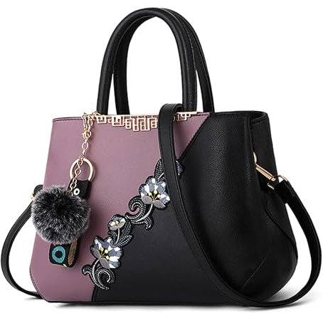 DORRISO Damen Handtasche Mode Stickdesign Schultertasche Große Kapazität Umhängetasche Casual Reise Handtasche PU Leder Top Griff Tasche für Frauen Lila A