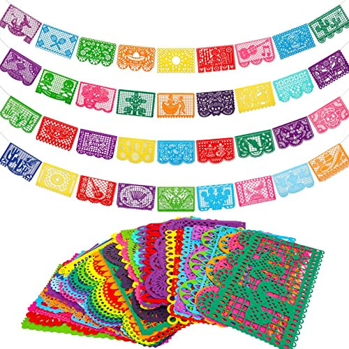 Qpout 4 Stück Mexikanische Fiesta Party Filzbanner Cinco de Mayo Fiesta Banner Dia De Los Muertos Tag der Toten Fiesta Papel Picado Hängebanner Cino de Mayo Party Dekorationen 4 Verschiedene Designs