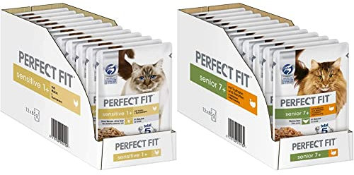 Sensitive 1+ – Nassfutter für Erwachsene, Sensible Katzen ab 1 Jahr – Huhn – 12 x 85 g Senior 7+ – Nassfutter für Katzen ab 7 Jahren – Truthahn und Karotten – 12 x 85 g
