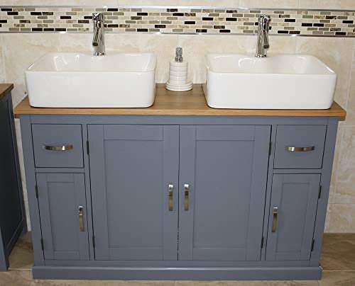 Wooden Bathroom Vanity Unit with 2 Ceramic Basins - Modern Bathroom Sink Cabinet with Drawers - Double Vanity Unit with Chromed Mixer Taps - Grey Painted - Tap Mounted Rectangle Bowl (402GCB021AX2)