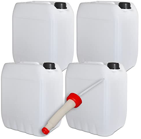 plasteo® 4 bidones de agua para bebidas de 10 l, DIN 45, con boquilla flexible, sin BPA, apto para alimentos, fabricado en la UE, aprobado por la ONU, portátil, interior y exterior