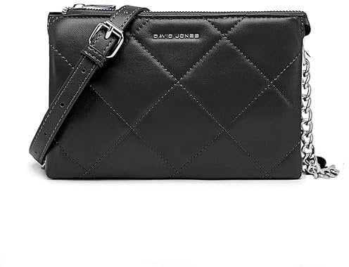 David Jones - Petite Pochette Bandoulière Femme - Sacoche Chaînes Simili Cuir Matelassé - Sac à Main Soirée Besace Porté Epaule Téléphone - Mode Tendance Elégant - Clutch Ville - Noir