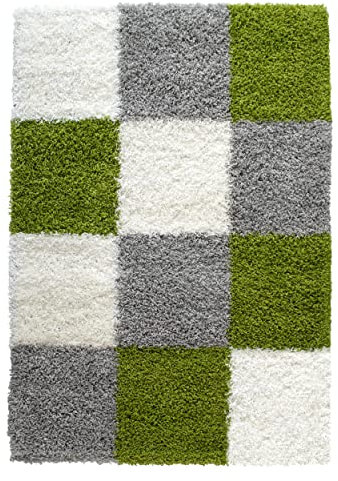 Mynes Home Hochflor Shaggy Teppich Läufer kariert grün Weiss 70x250 cm/pflegeleicher Langflor Teppichbrücke