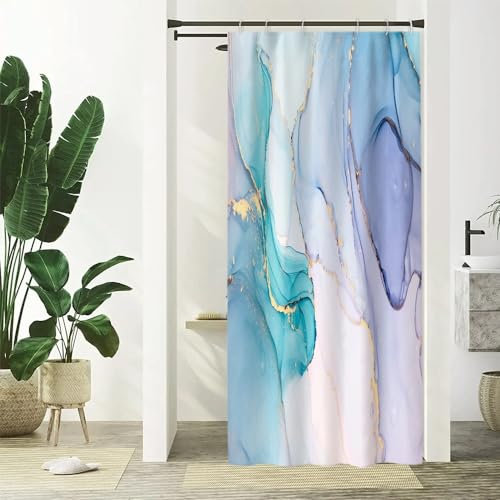 Uiiooazy Duschvorhang Marmor Blau, Duschvorhang Schmal Türkis Abstrakt Lila Violett Duschvorhäng Anti Schimmel Wasserdicht Polyester Stoff Waschbar Bad Vorhang mit 6 Haken für Badezimmer 90Bx180Hcm