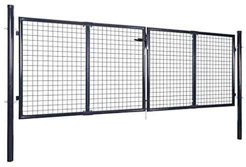 Homgoday Mesh-Gartentor Doppelflügeltor Doppeltor Gartentür Zauntor Hoftor Zauntür Gartenpforte Einfahrtstor Metalltor Einzeltor Hoftür Tor mit 3 Schlüssel Verzinkter Stahl 289 x 100 cm Grau