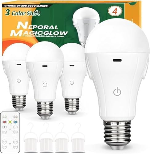 Neporal MagicGlow Rechargeable Light Bulbs with Remote, 3 Color Shift + Dimmable Battery Powered Light Bulbs, USB Rechargeable, A19 Emergency LED Light Bulb, 15W (3000-6000K, Count, 4.0)