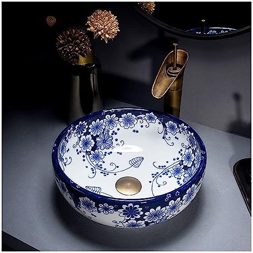 ZTGL Lavabo à Poser en Céramique, Vasque de Salle de Bain, Porcelaine Bleue et Blanche, évier Rond de Comptoir pour Vestiaire, Lavabos Ronds 35 x 14 cm