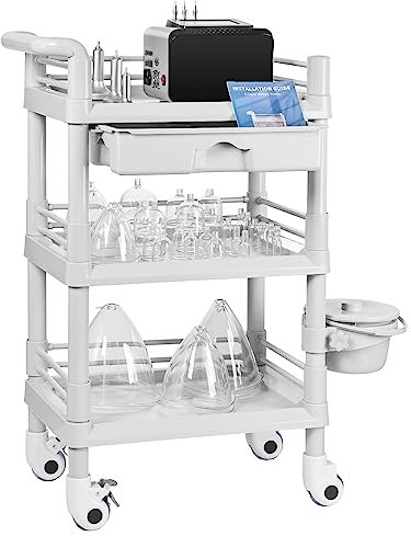 iklestar Beauty Trolley Cart, 3 Etagen Trolley auf Rollen mit Eimer und großer Schublade, Multifunktionale Servierwagen für Schönheitssalon/SPA/Büro/Klinik/Zuhause, 360° drehbare leise Räder,