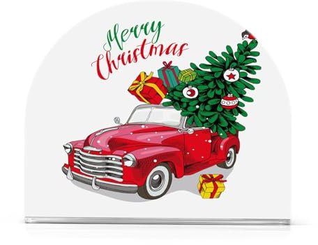 Serviettenhalter Weihnachten Rot Retro LKW Tannenbäume und Geschenke Kristallklare Acryl Serviettenhalter, Papierserviettenhalter Esstisch Spender für Küche Restaurant Home Decor Bar Zubehör