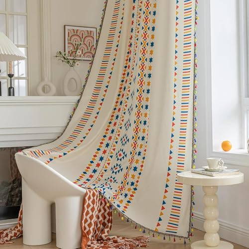 Erbnaryx Boho-Vorhänge, geometrische Lichtfilterung, halbverdunkelnd, Fenstervorhänge, 244 cm, Lange Stangentaschen, Vorhänge für Wohnzimmer, 2 Paneele, beige Sterne