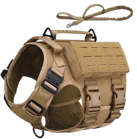 Vmokki Hundegeschirr mit Hundeleine Brustgeschirr mit 3 Taschen, 2 Griffe, 3 D-Ring Taktisch Gepolstert Verstellbar Molle Sicherheitsgeschirr für mittelgroße große Hunde (Braun, M)