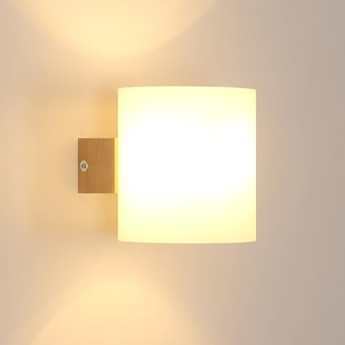 Mckalen Applique Murale Intérieure Bois E27, Moderne Lampe Murale Chambre Design, Luminaire Murale Abat-jour en Verre pour Cuisine, Salon, Couloir, Café Décoration(Sans Ampoule)