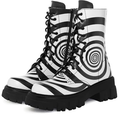 driceic Women's Combat Boot Zebra Platform Ankle Adjustable Lace-Up Vamp Inside Zipper Fashion Party Boots, Black/White, 9 UK
