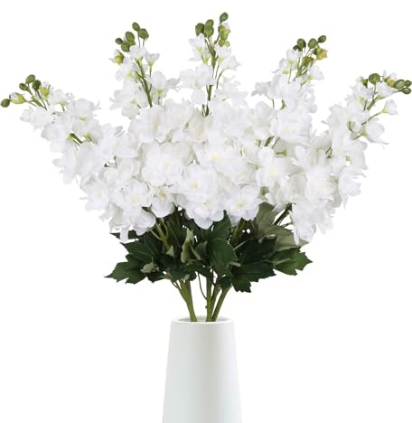 Tozeurty 30.7 White Delphinium Artificial Flowers - 5PCS Snapdragon Fake Long Stem Realistic Larkspur Faux Flowers for Wedding Centerpieces, Party, Home Decor