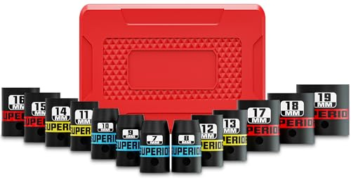 KIRXST 3/8 Inch Drive Impact Socket Set, 13 Piece Shallow Socket Set 7-19mm, Metric Sockets for DIY Car Repair and Professional Mechanics