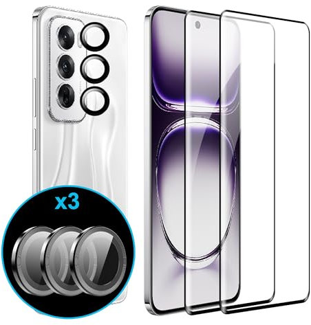 FDHYFGDY 2 pezzi per Oppo Reno 12 5G Pellicola protettiva per vetro temperato, 3 pezzi di pellicola in vetro per fotocamera, durezza 9H, protezione schermo antigraffio e senza bolle